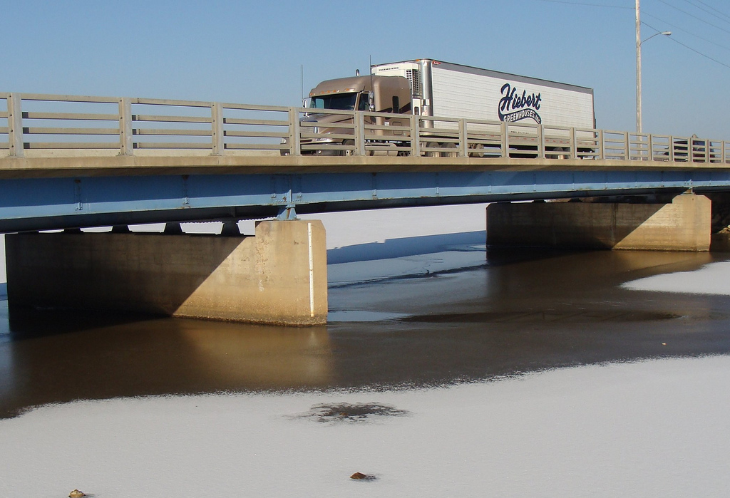 commercial semi truck on a bridge near Necedah, WI