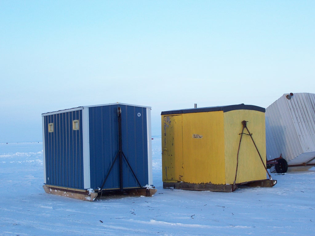 shanties for sturgeon spearing line up on Lake Winnebago