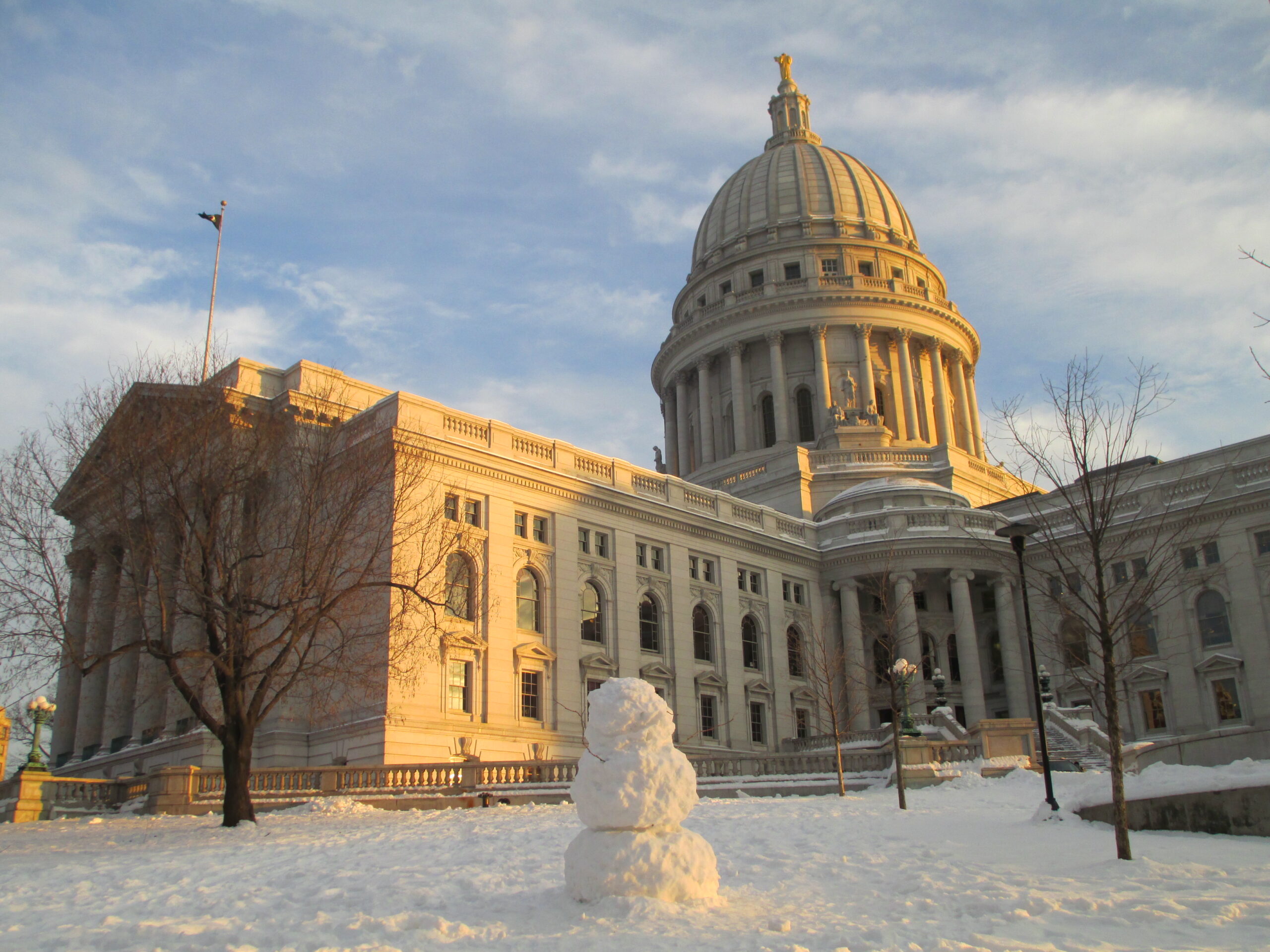 Wisconsin capitol building with snowman