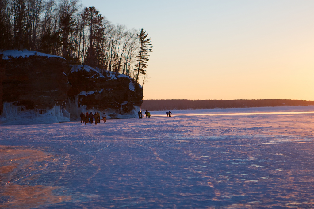 sightseers walk to the ice caves on Lake Superior, January 2014