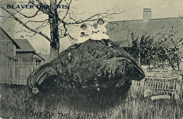 Three girls sit on a giant squash