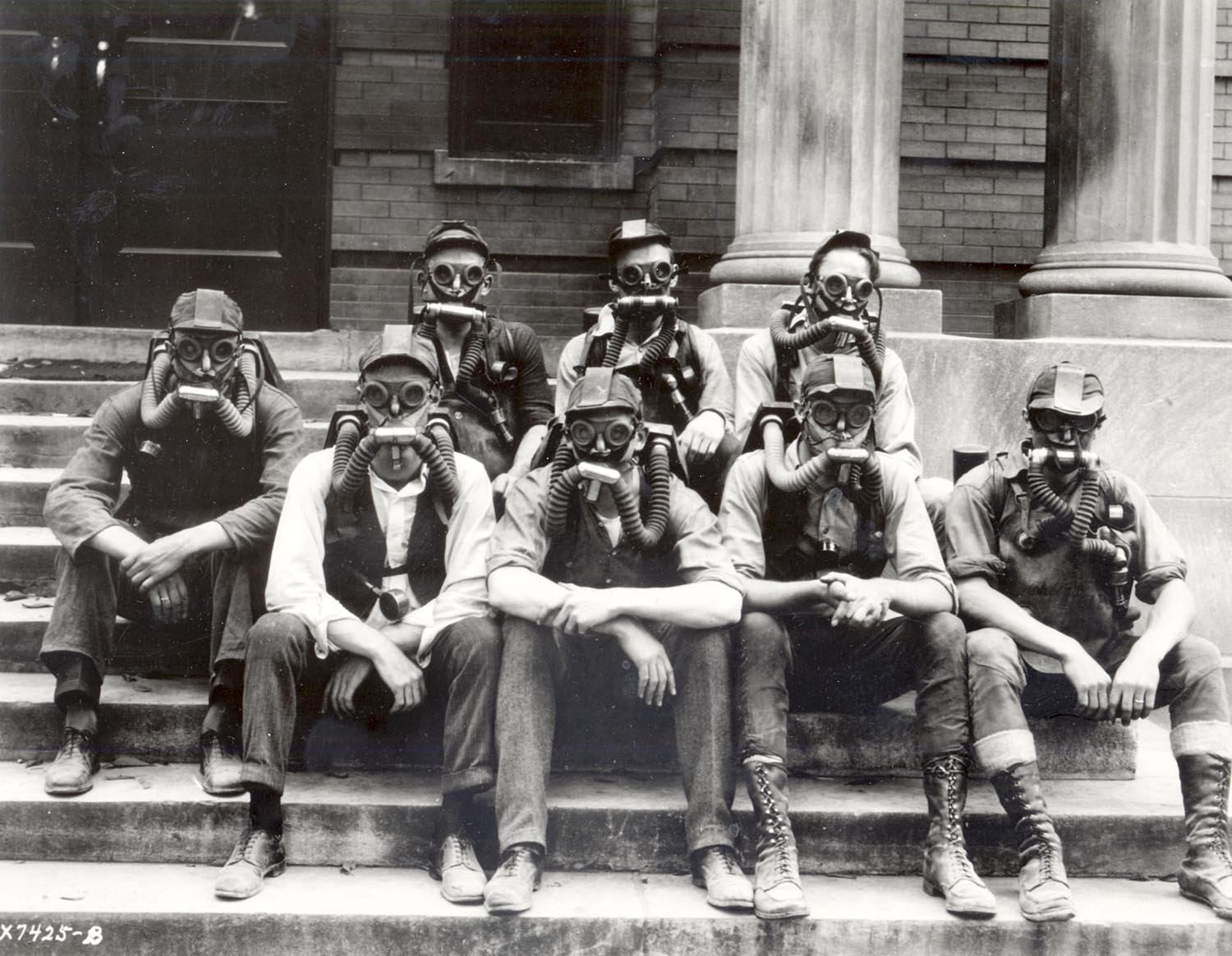 Students demonstrate gas masks during WWI