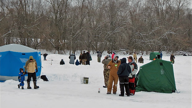 Ice fishers gather at the Upper Mississippi River National Wildlife and Fish Refuge.