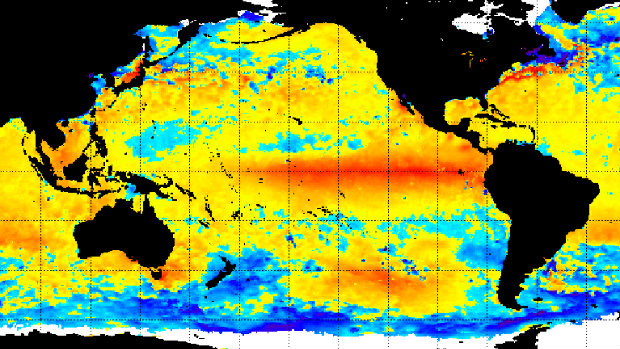 Warm sea surface temperatures on December 21 in the eastern tropics of the Pacific Ocean indicate a major El Niño.