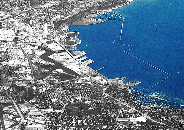 An aerial photo of downtown Milwaukee and its lakefront.