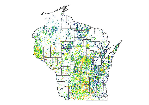 A map of nitrate concentration in Wisconsin private wells.