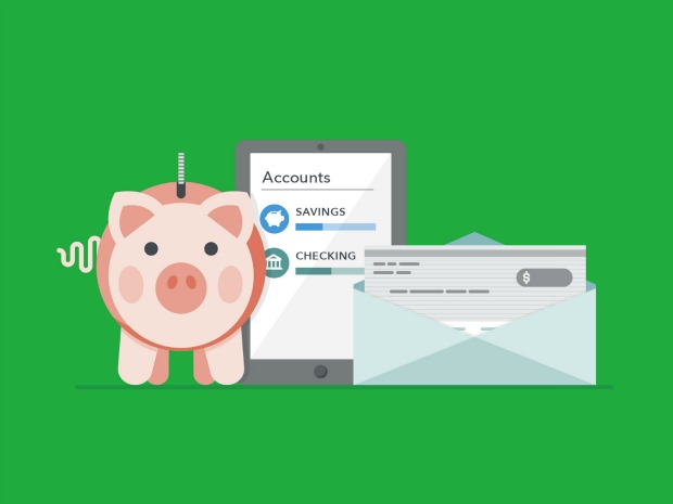 Illustration of piggy bank, bank account balance and paycheck