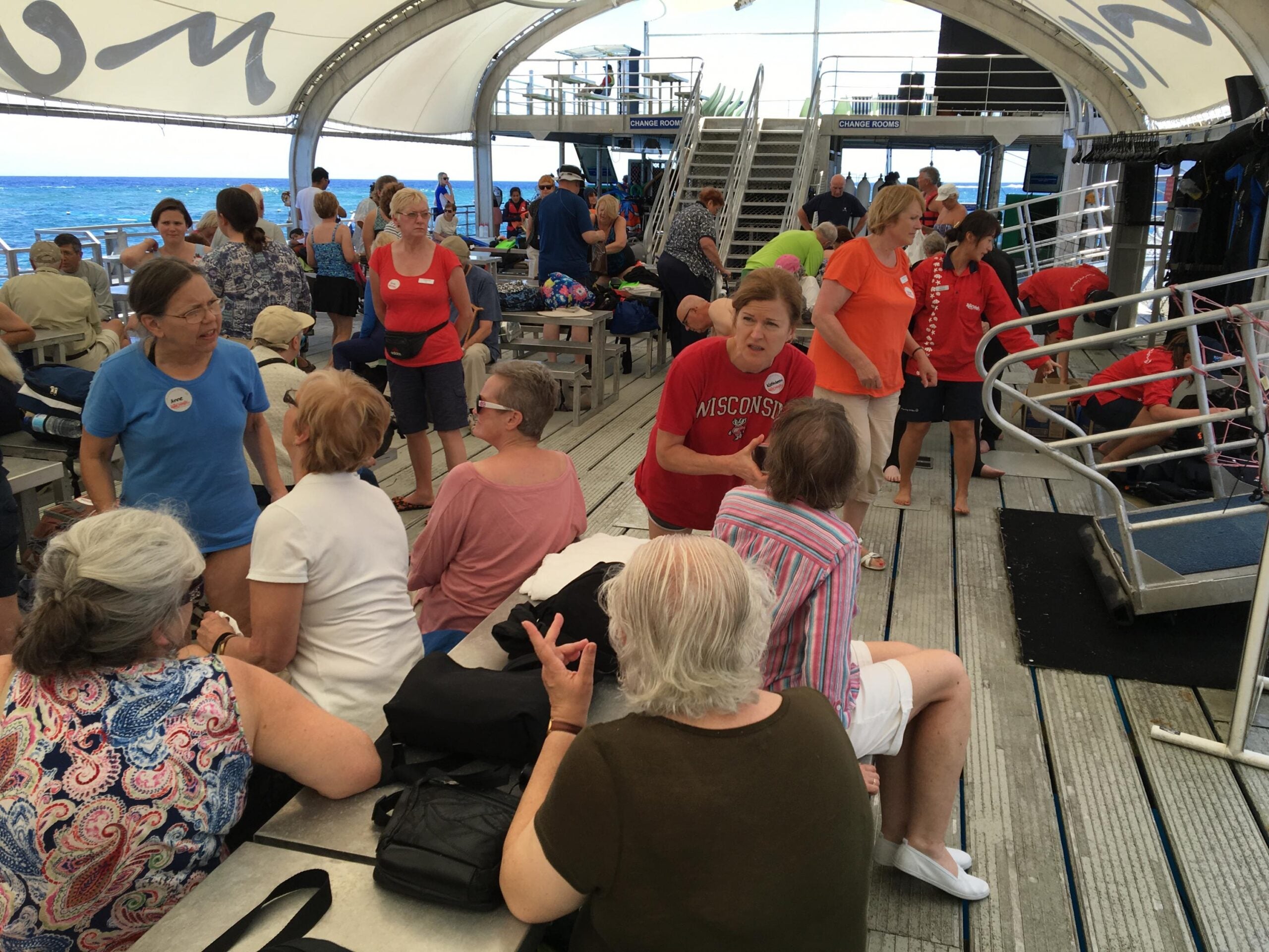 Tour group on pontoon stationed over Great Barrier Reef near Cairns, AU - Photo by Allen Rieland