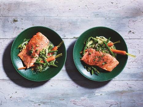 Slow-Cooked Salmon with Spring Vegetables. Photo courtesy of Chronicle Books.
