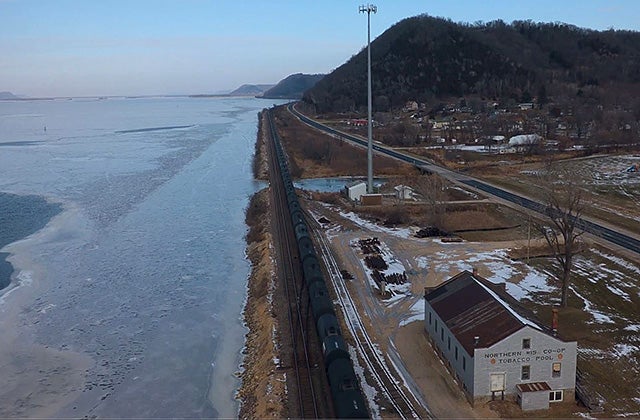 An aerial view of an oil train in the Coulee Region.