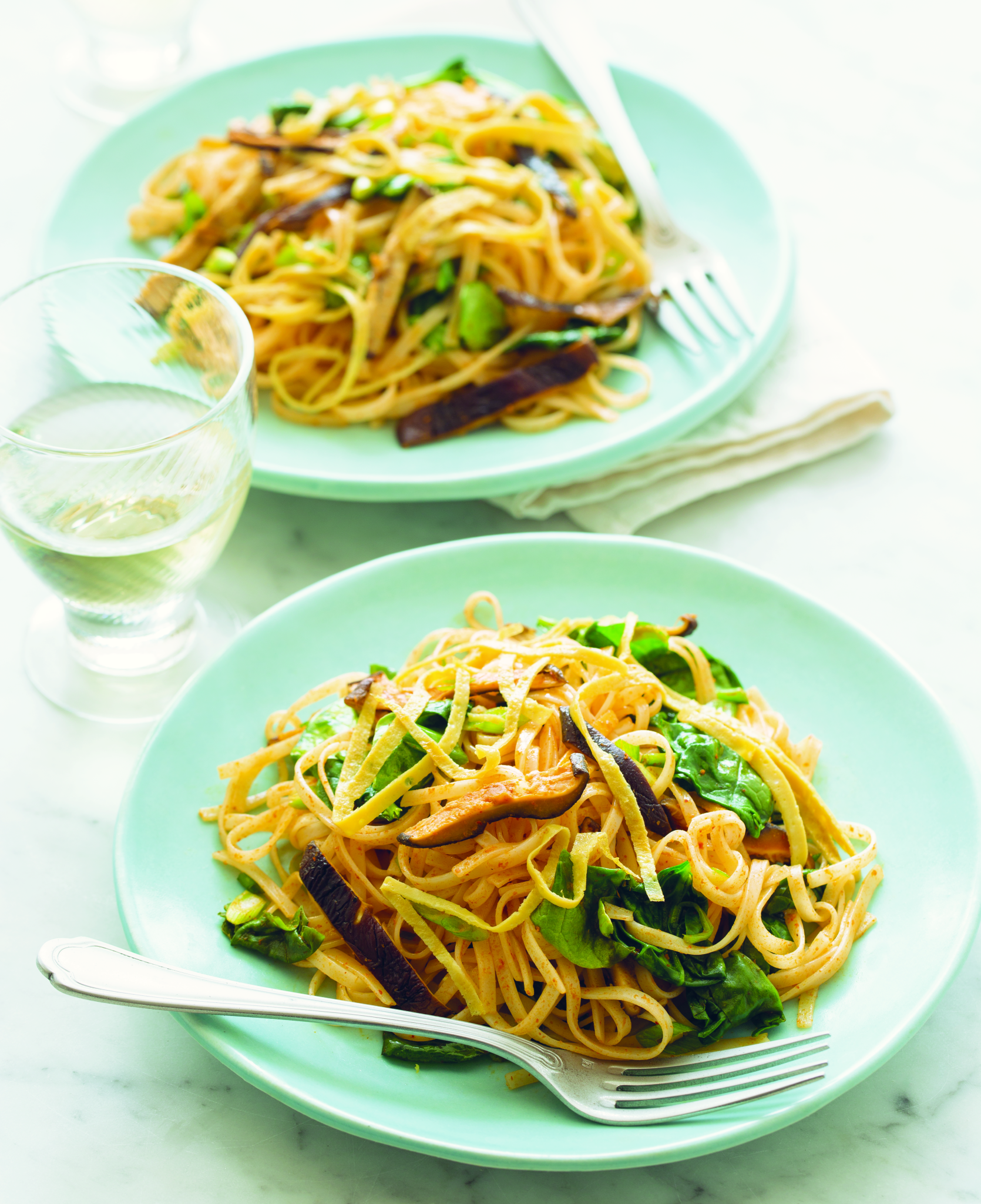 Thai Curried Rice Noodles With Dried Shiitake Mushrooms And Spinach