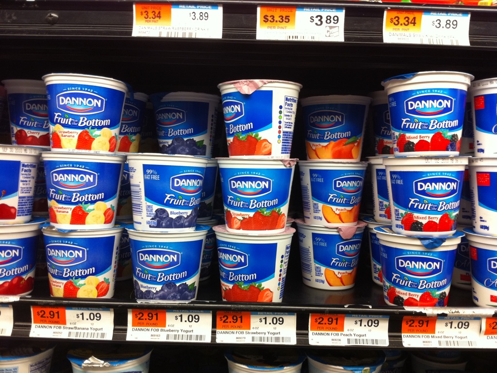 Dannon yogurt on grocery shelf