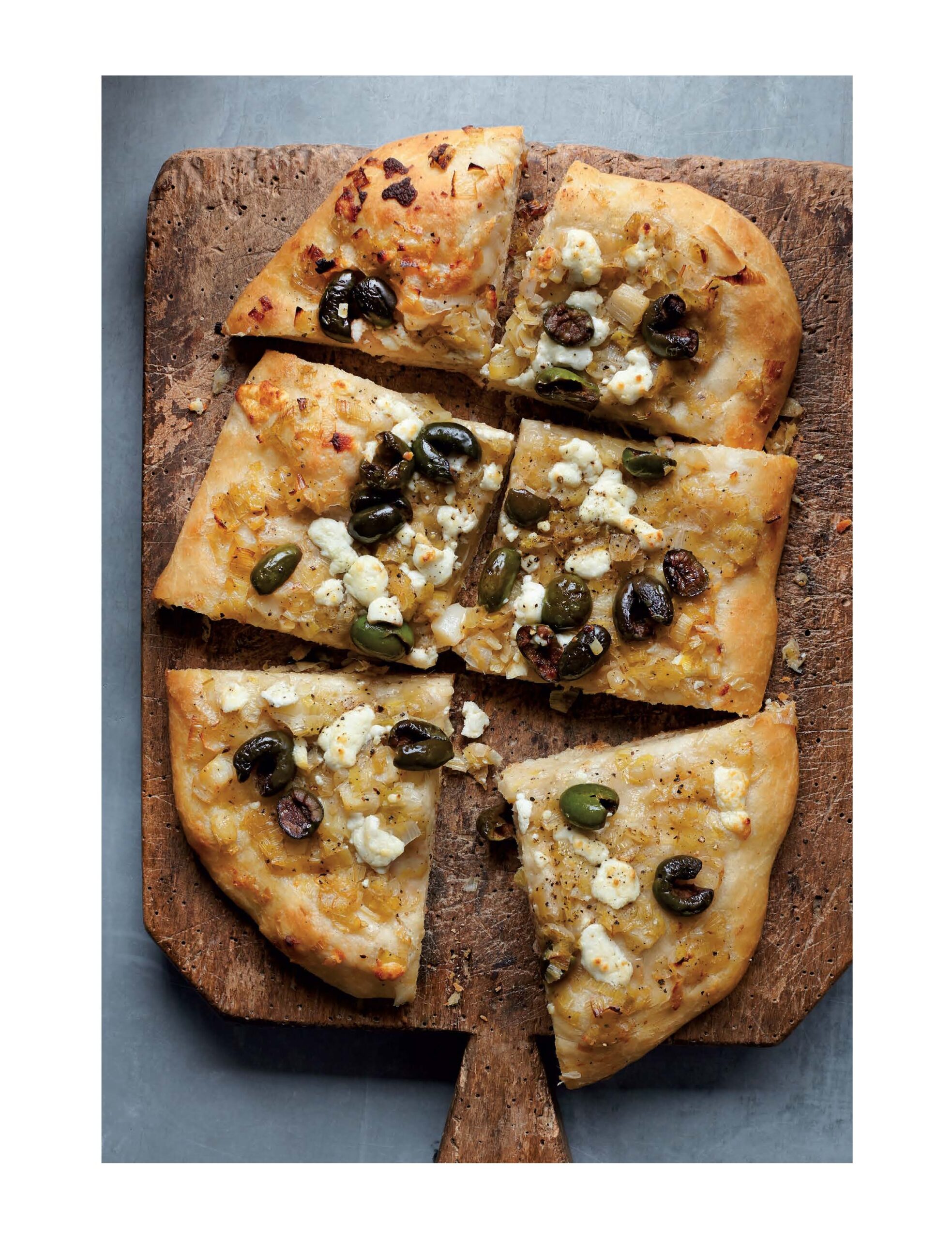 Recipe: Caramelized Leek Flatbread With Black Olives And Soft Cheese