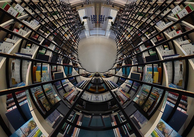 A fisheye lense view of bookshelves