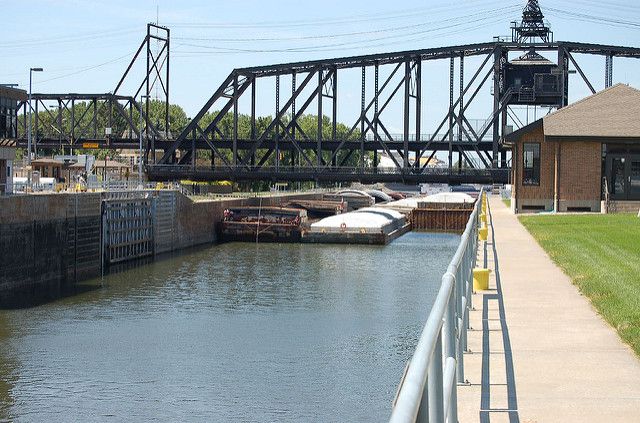 barges in a lock and dam on the upper Mississippi River