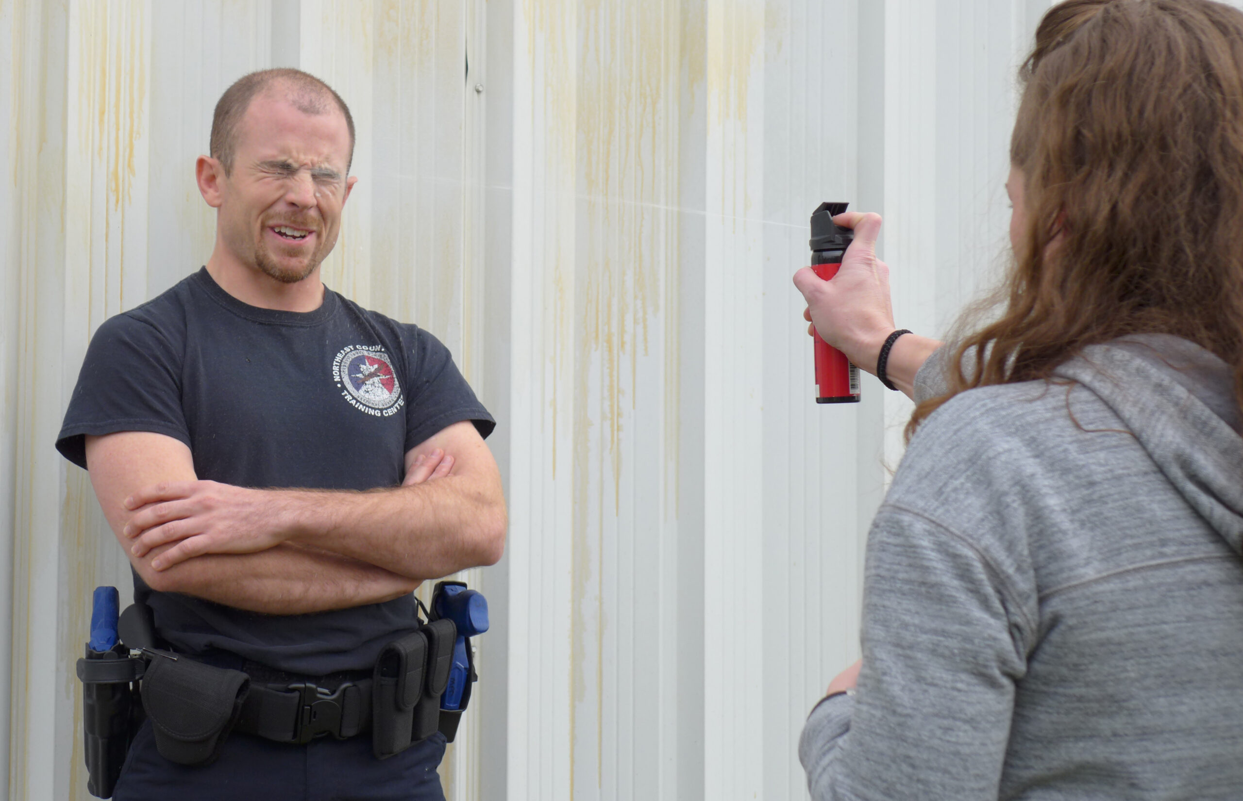 Recruit Nick Cleary is sprayed with pepper spray during training at the Madison Police Training Center.