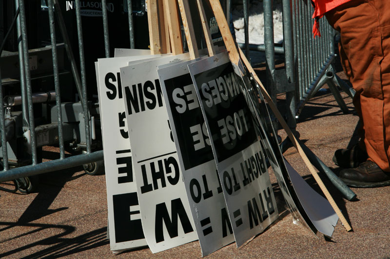 Signs at a right-to-work protest