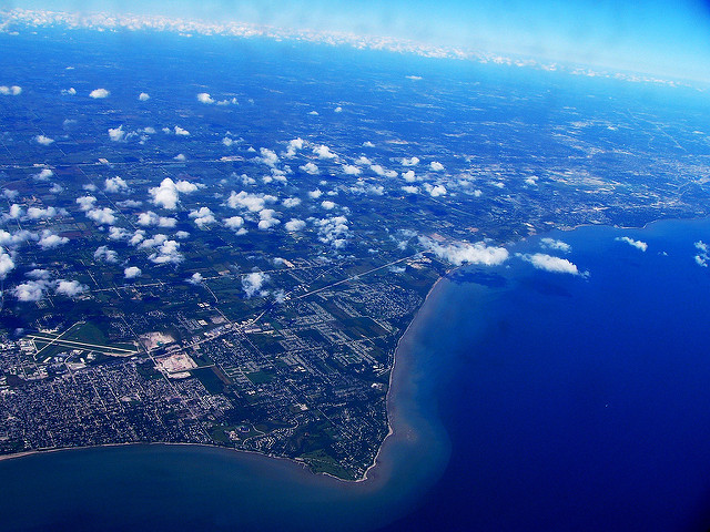 Aerial image of Milwaukee and Lake Michigan.