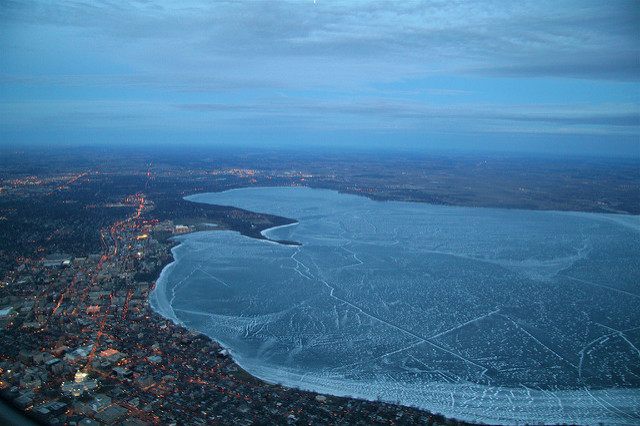 A frozen Lake Mendota in Madison, Wisconsin