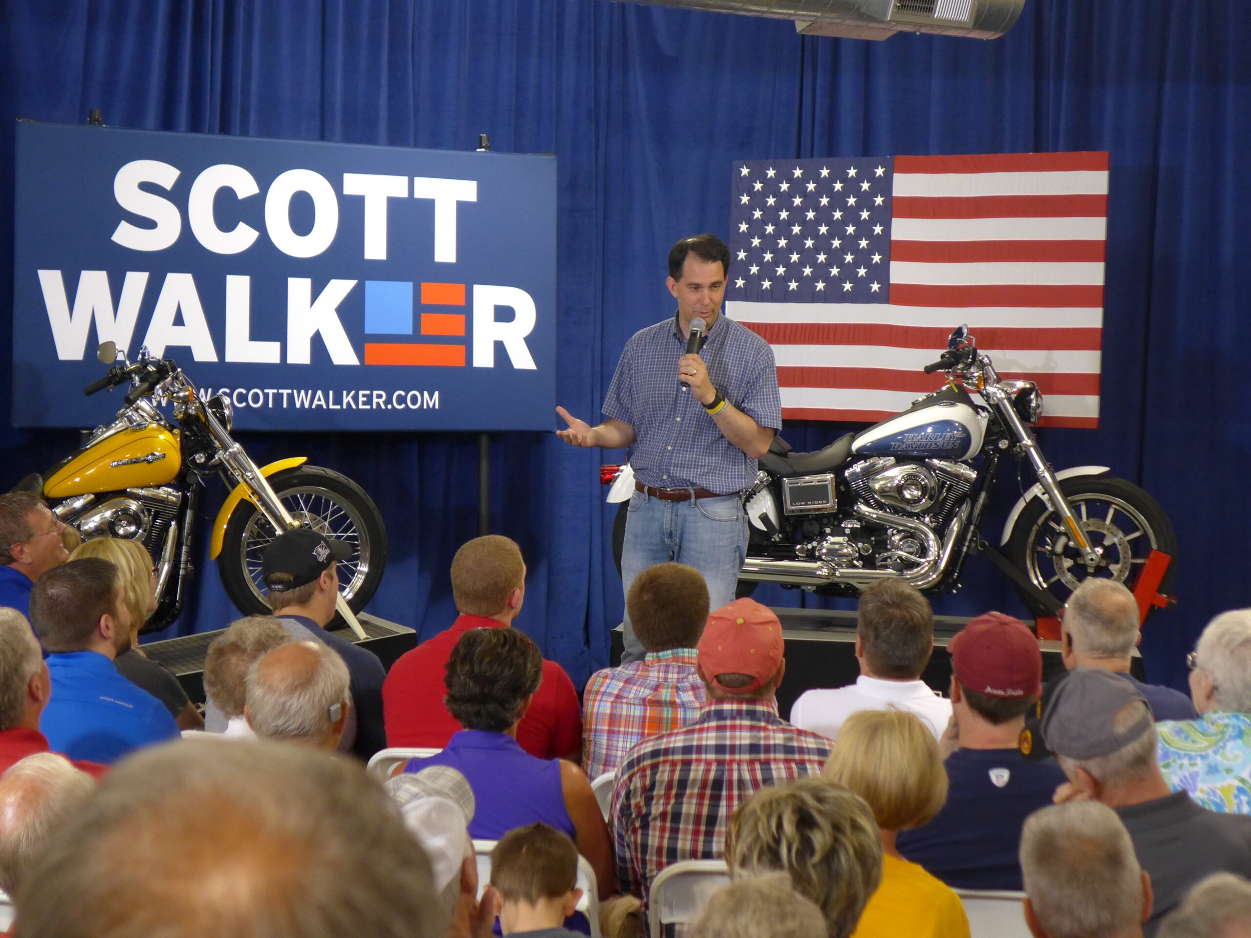 Scott Walker speaks at an Iowa Harley Davidson store