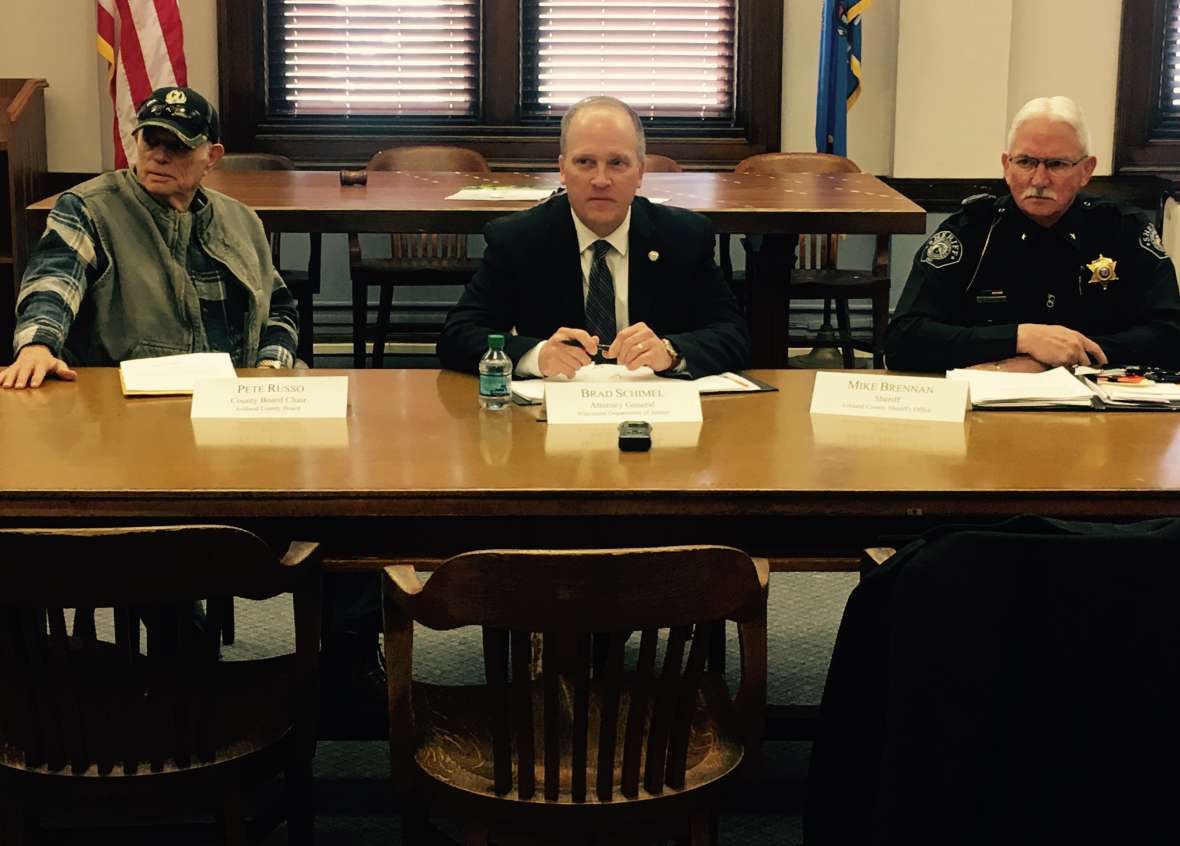 From left to right, Ashland County Board Chairman Pete Russo, Wisconsin Attorney General Brad Schimel and Ashland County Sheriff Mick Brennan