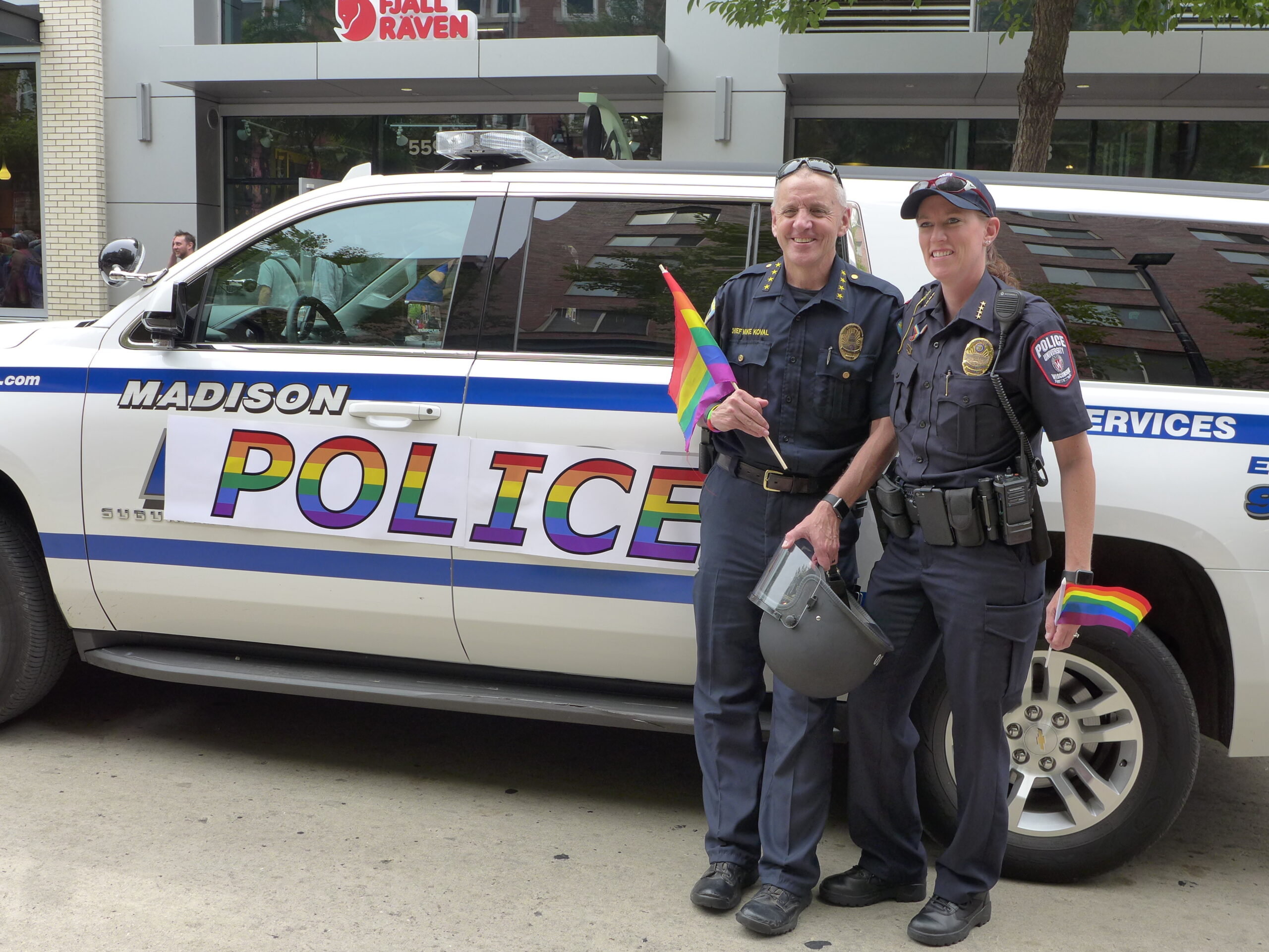 Madison Police Chief Mike Koval and UW Police Chief Kristen Roman at the 2017 Pride Parade in Madison