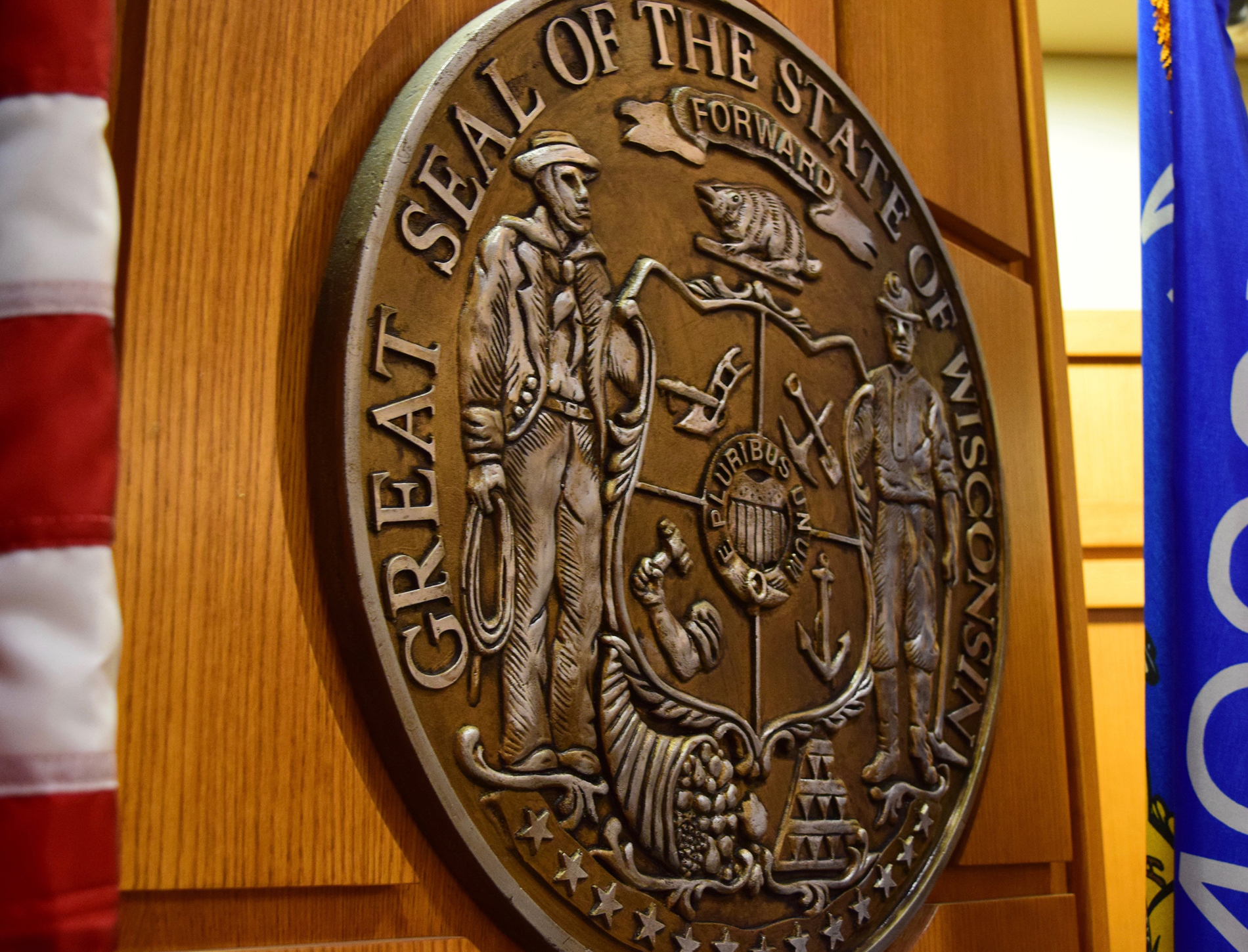 The Wisconsin state seal in a Dane County courtroom