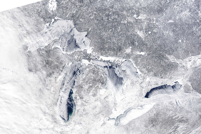 aerial image of the Great Lakes in winter