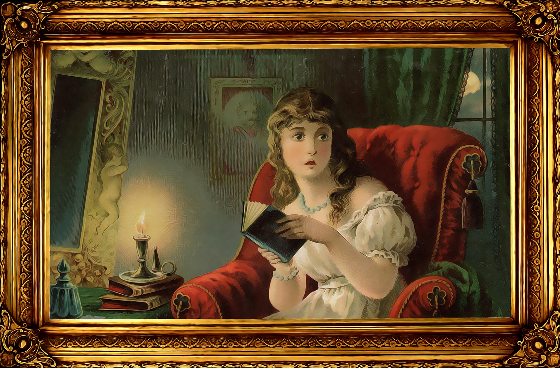 Victorian woman reading novel in chair