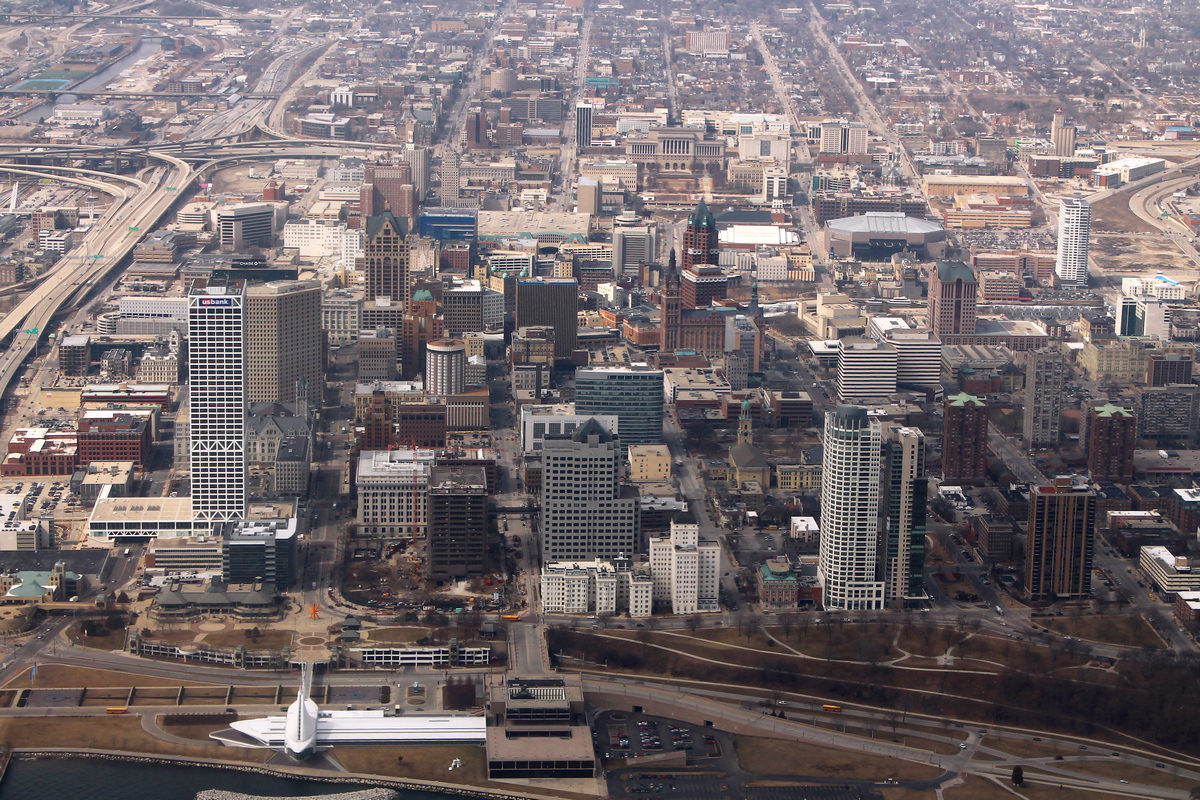 aerial view of downtown Milwaukee
