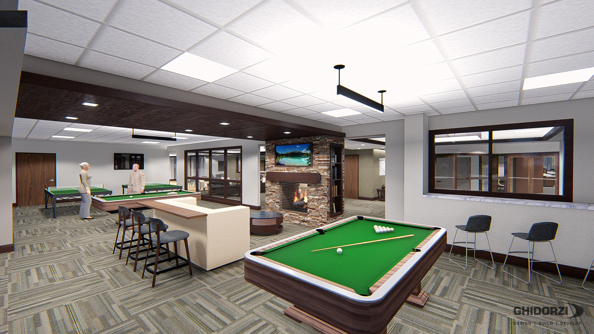 artist rendering of the inside of The Landing's billiard room