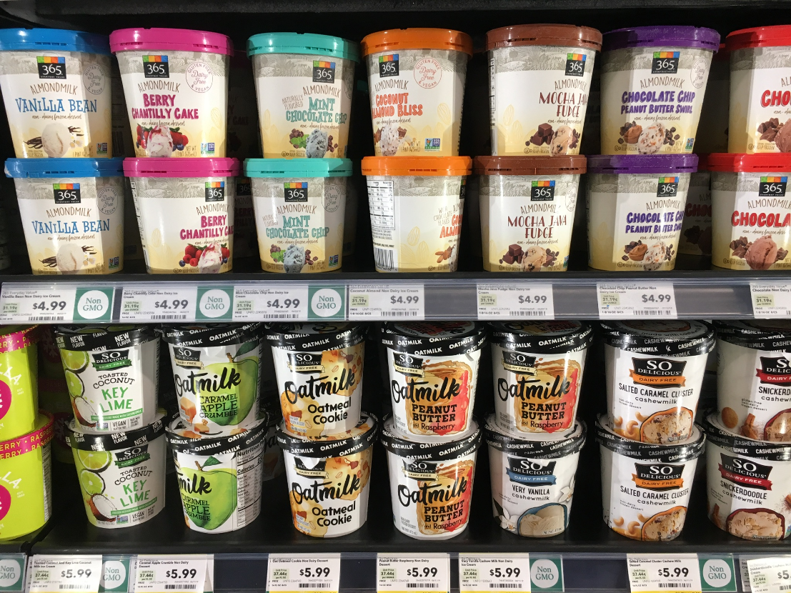 Non-dairy ice cream flavors in freezer case