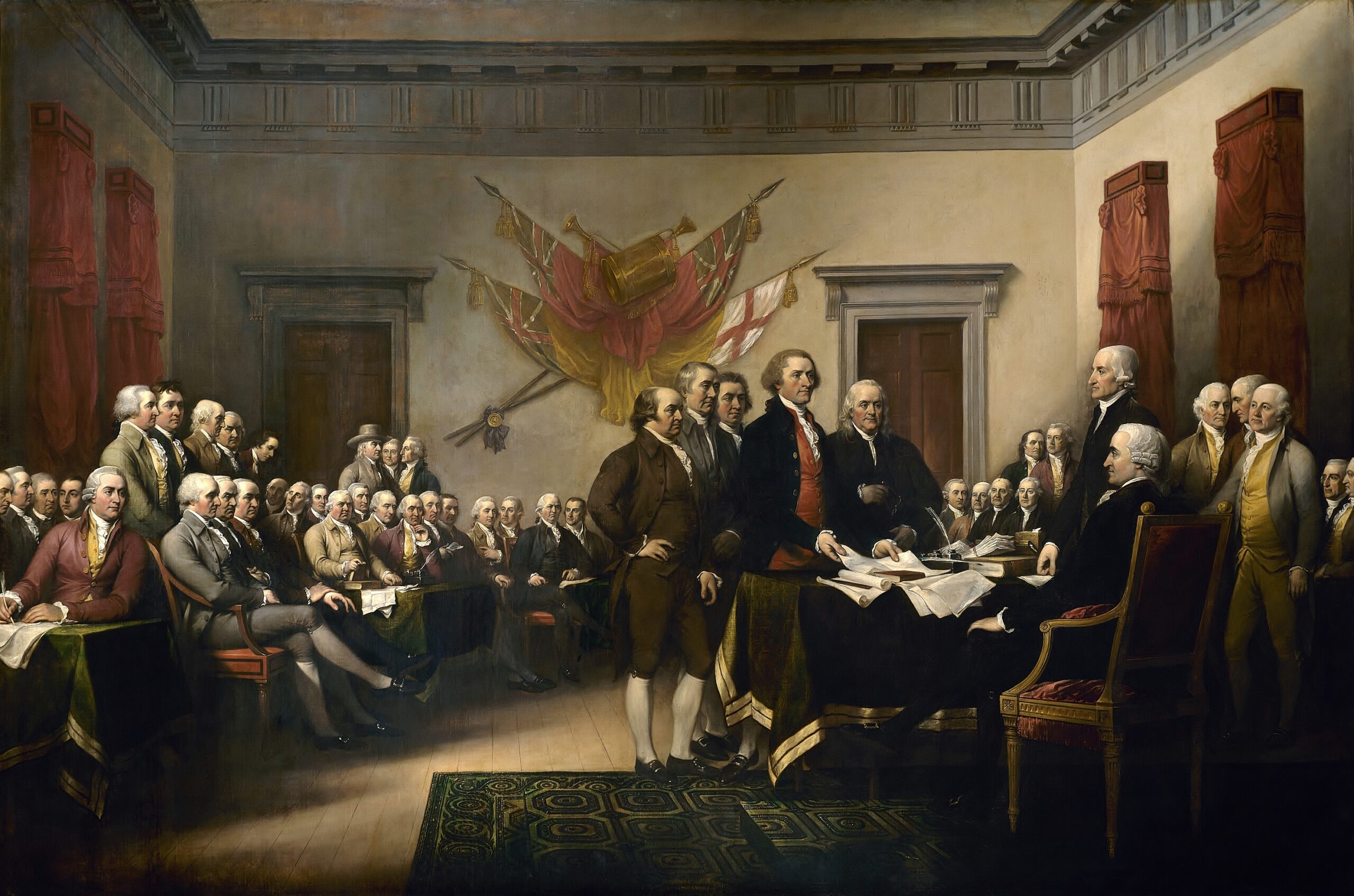 Painting of the founding fathers with the declaration of independence
