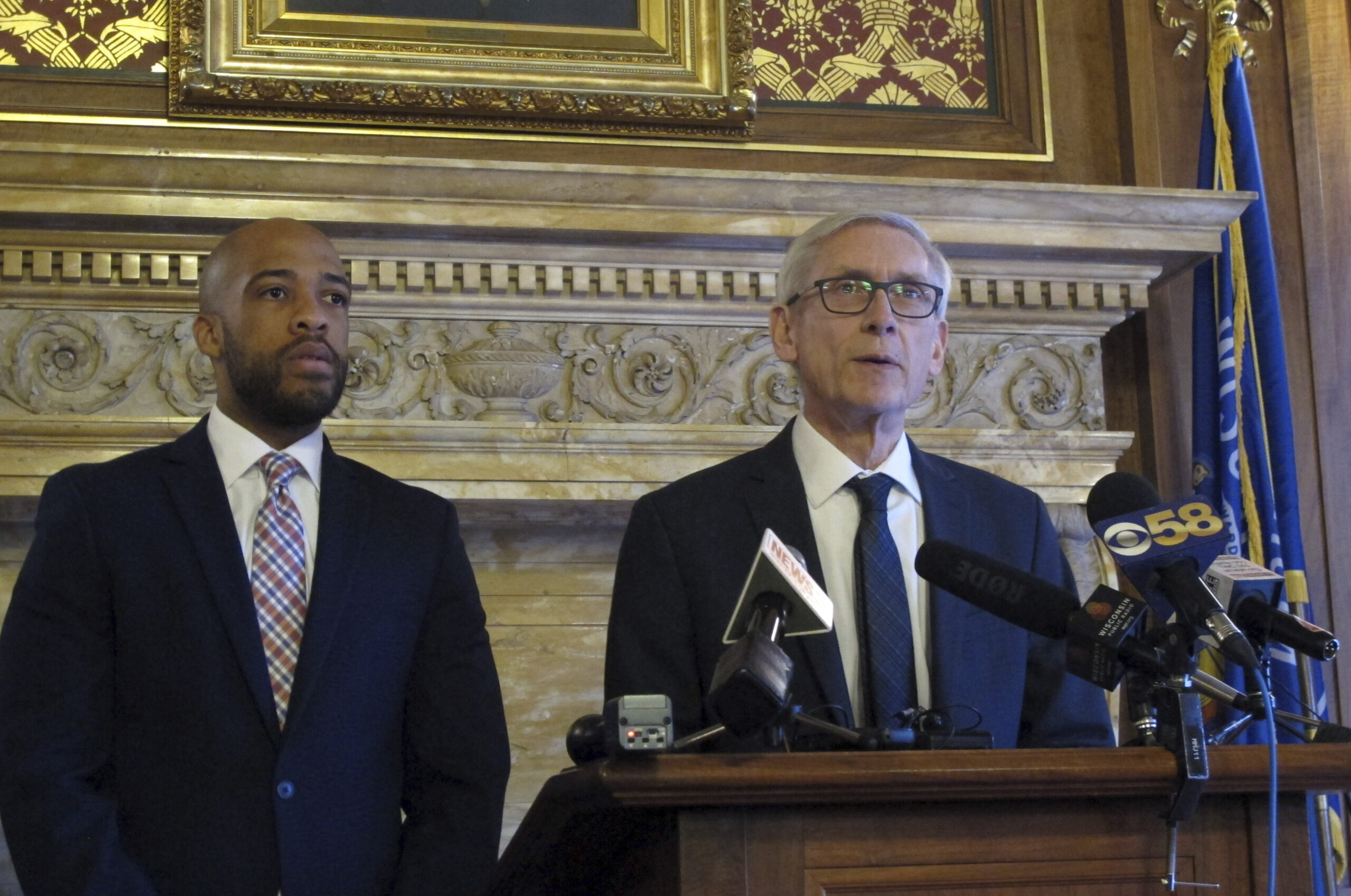 Wisconsin Governor Tony Evers and Lt. Gov. Mandela Barnes address the press.