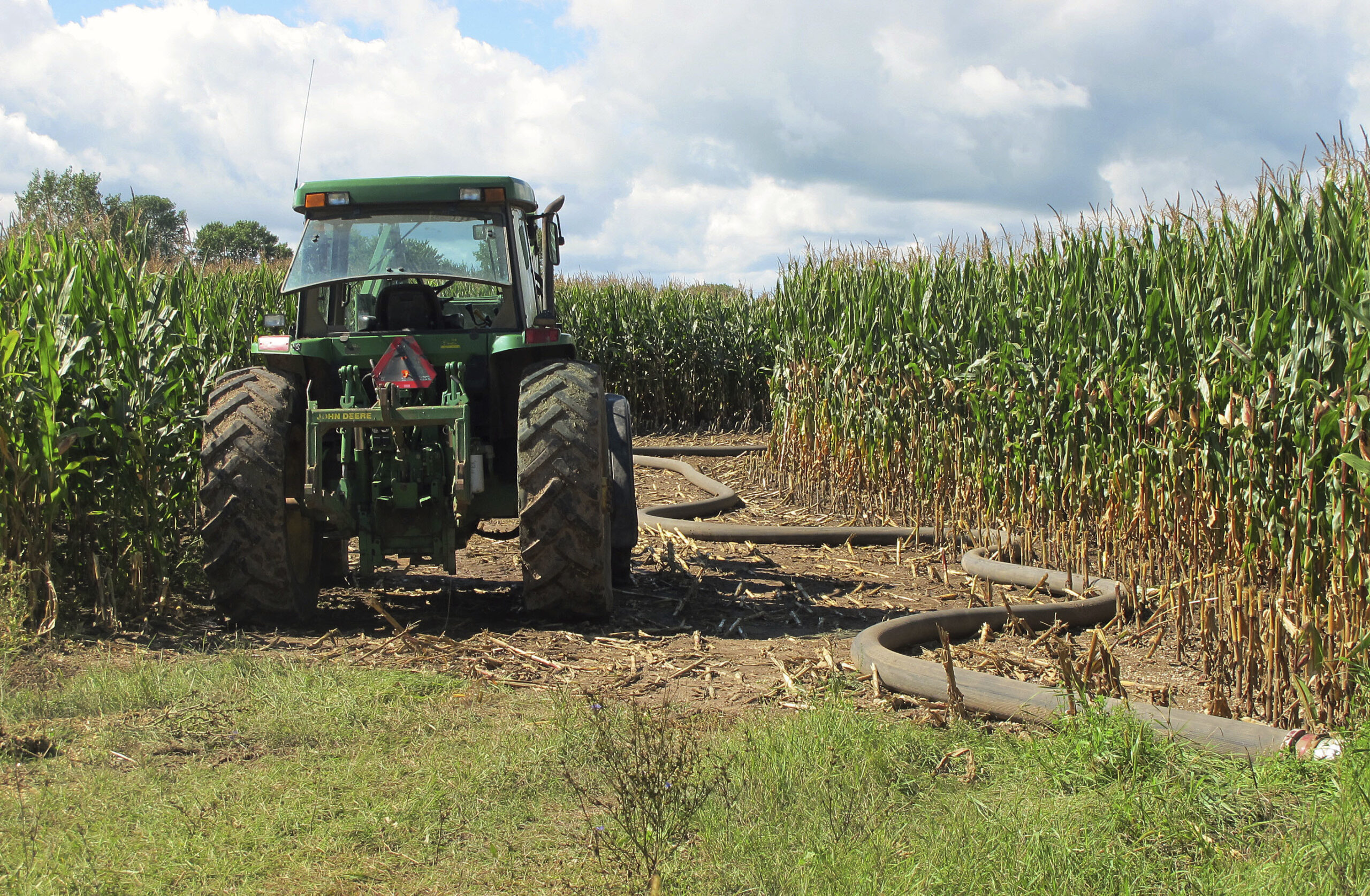 tractor, hose, manure, farming, runoff