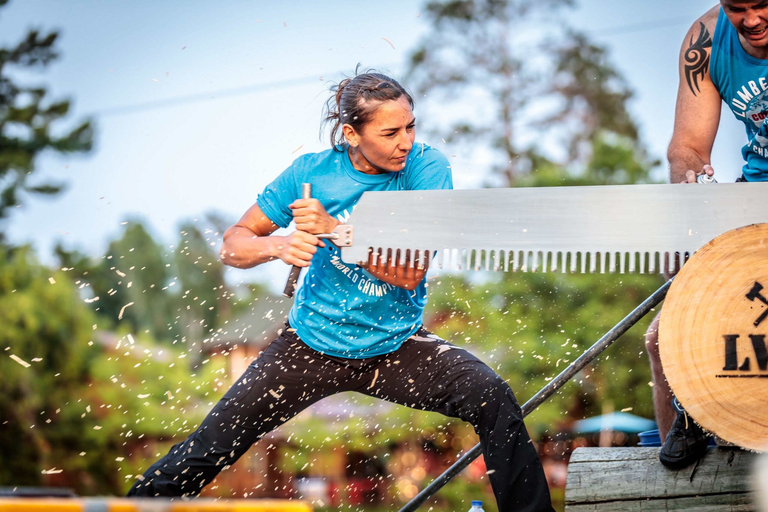 Sawing a log at the Lumberjack World Championships in Hayward