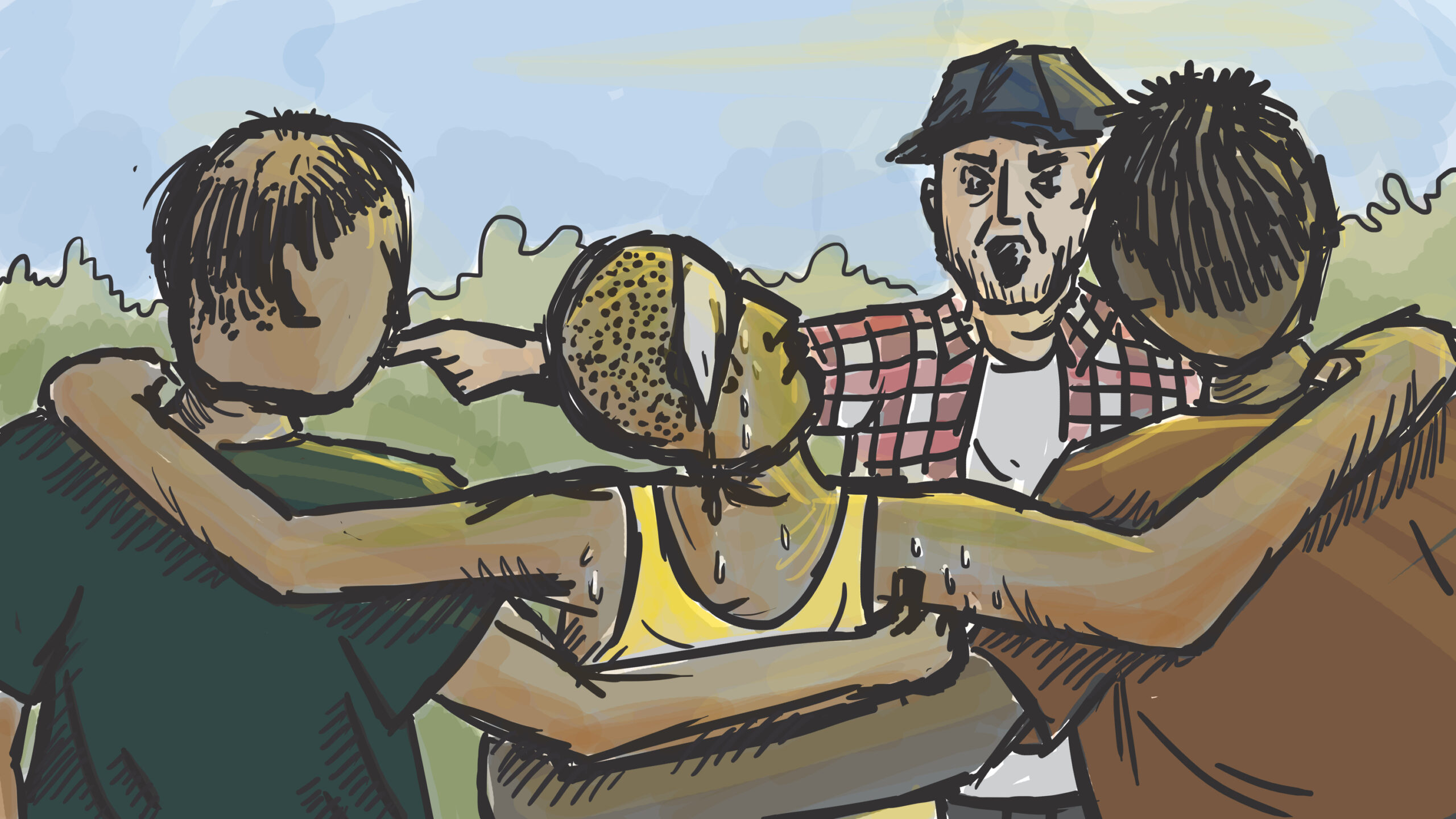illustration of farm workers helping heat-exhausted coworkers