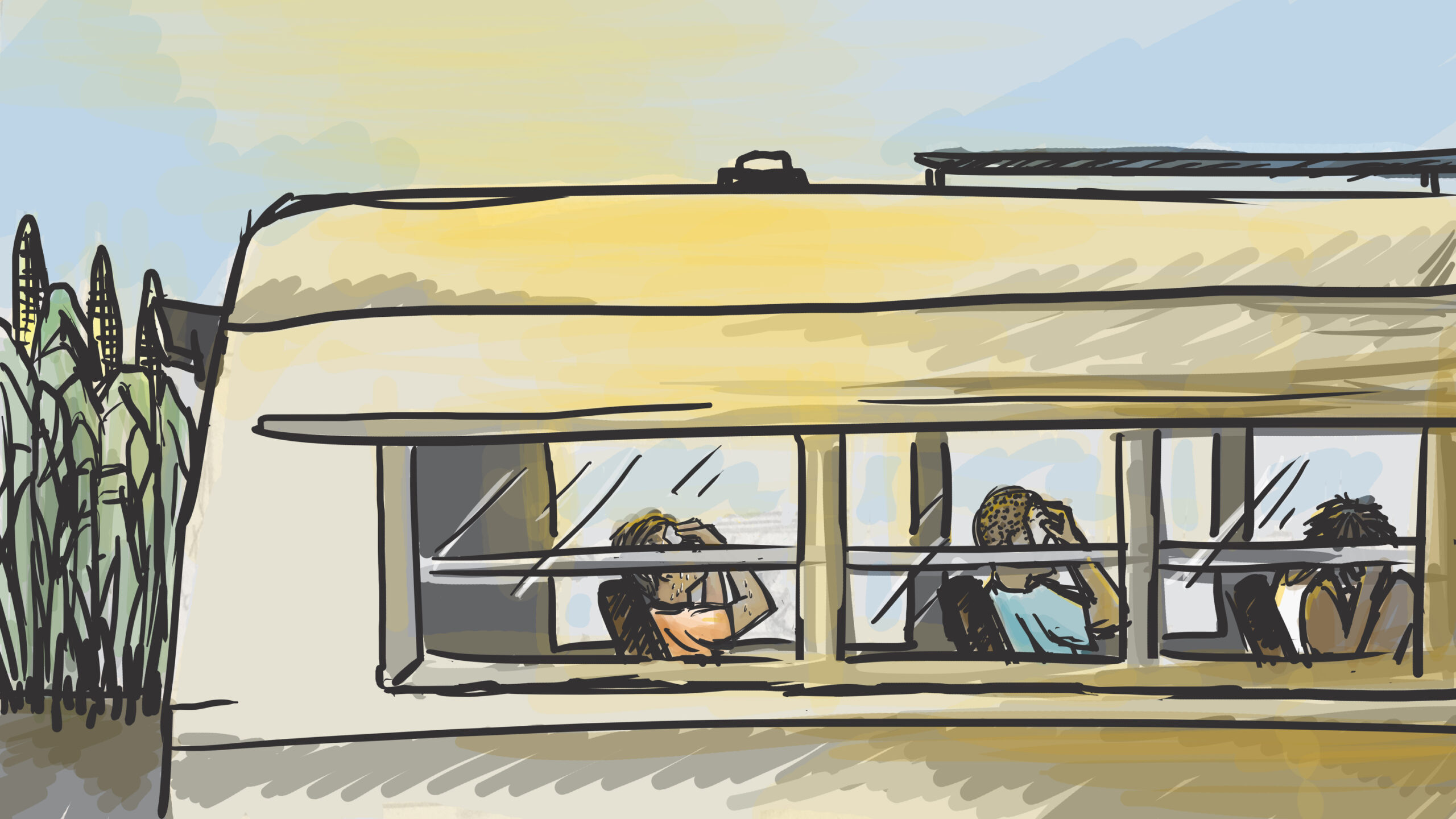 illustration of farm workers ill from heat sitting on the bus