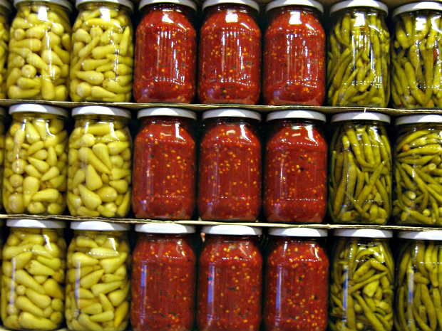 Jars of pickled produce