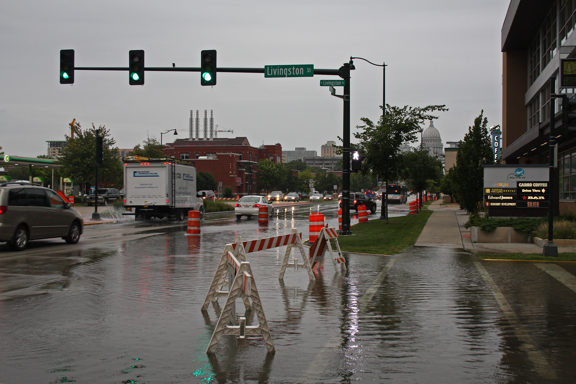 Flooding on East Washington Avenue in Madison slows the morning commute