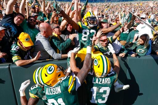 Green Bay Packers' Marquez Valdes-Scantling celebrates his touchdown