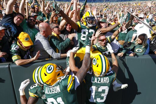 Green Bay Packers' Marquez Valdes-Scantling celebrates his touchdown
