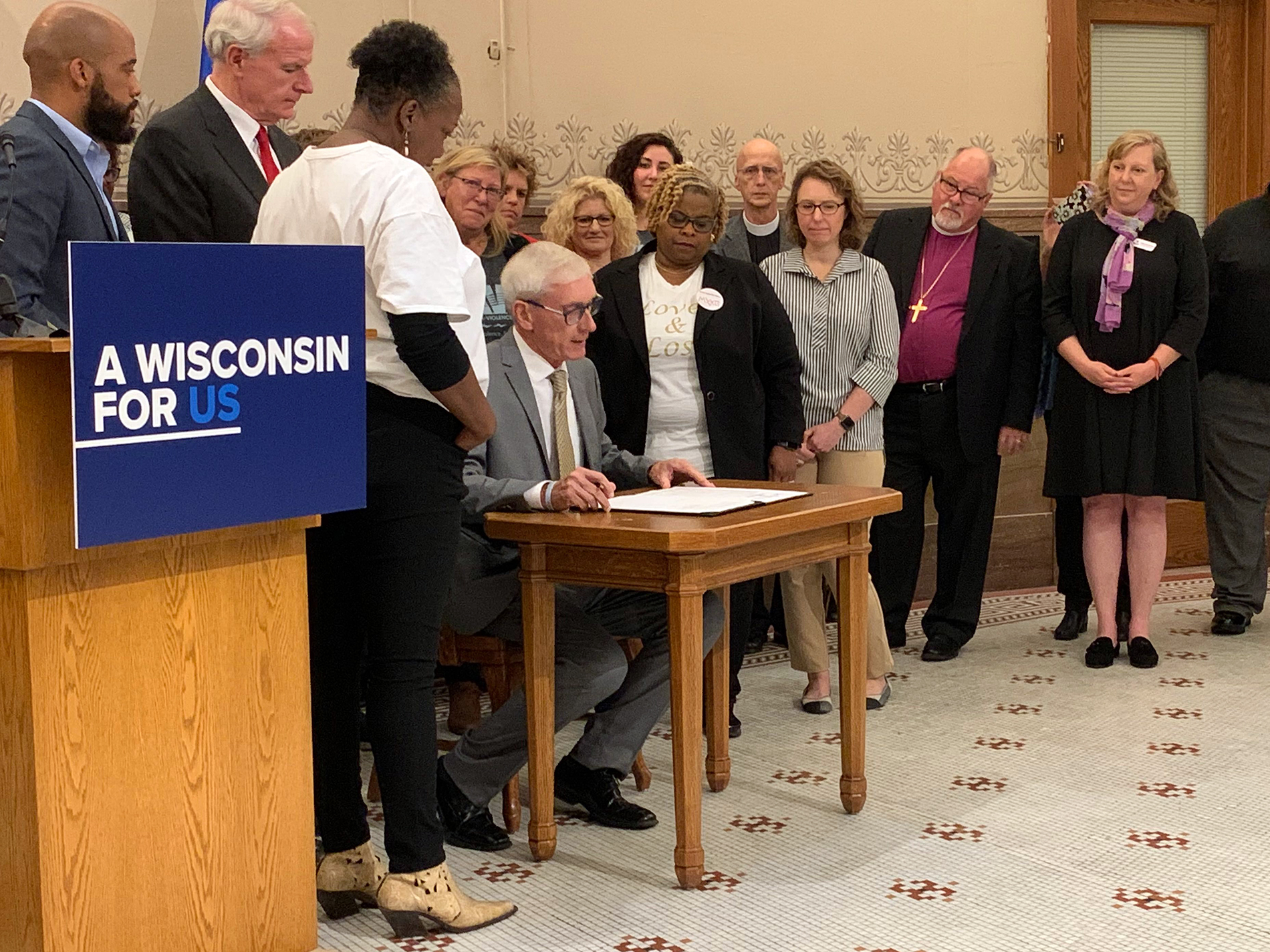 Gov. Tony Evers at a press conference