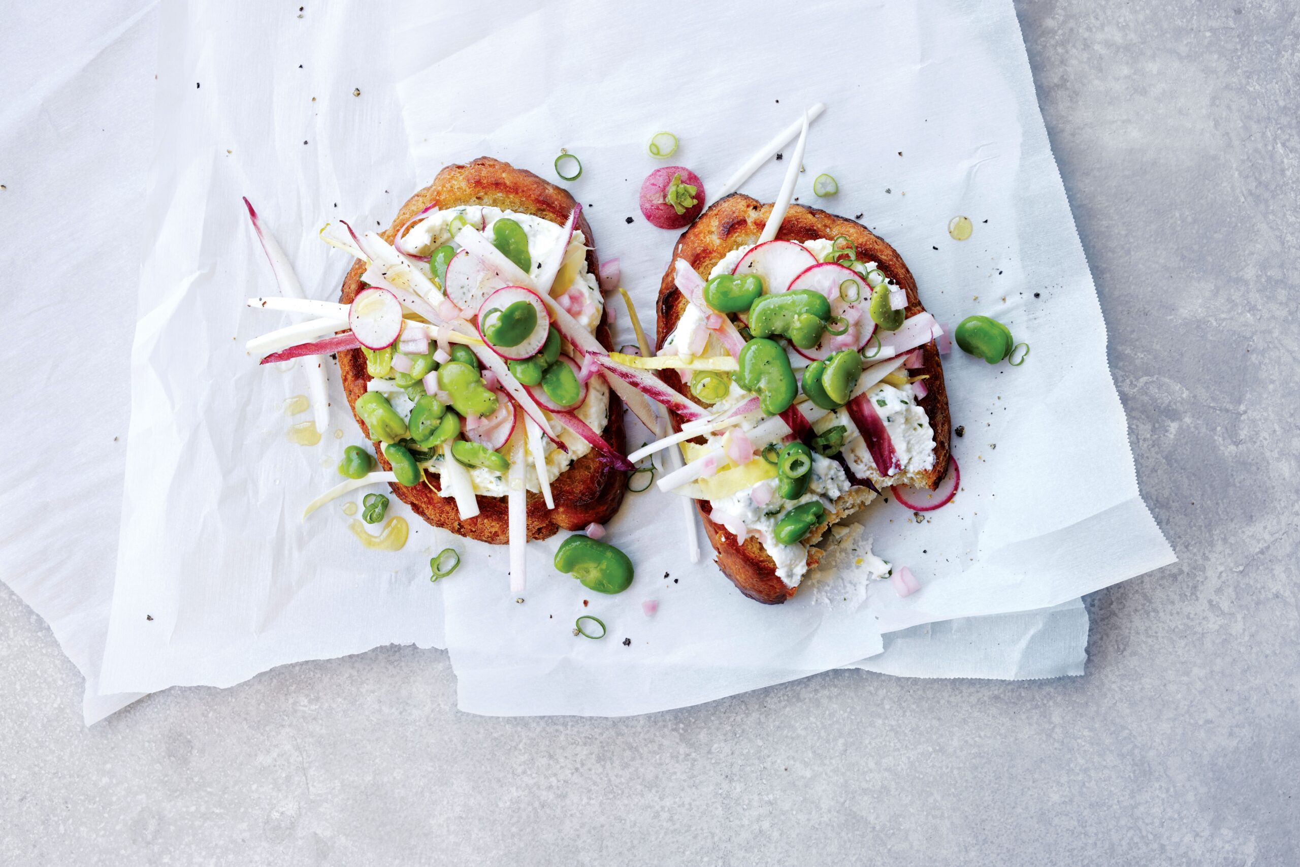 Endive And Fava Salad Tartines With Herbed Ricotta