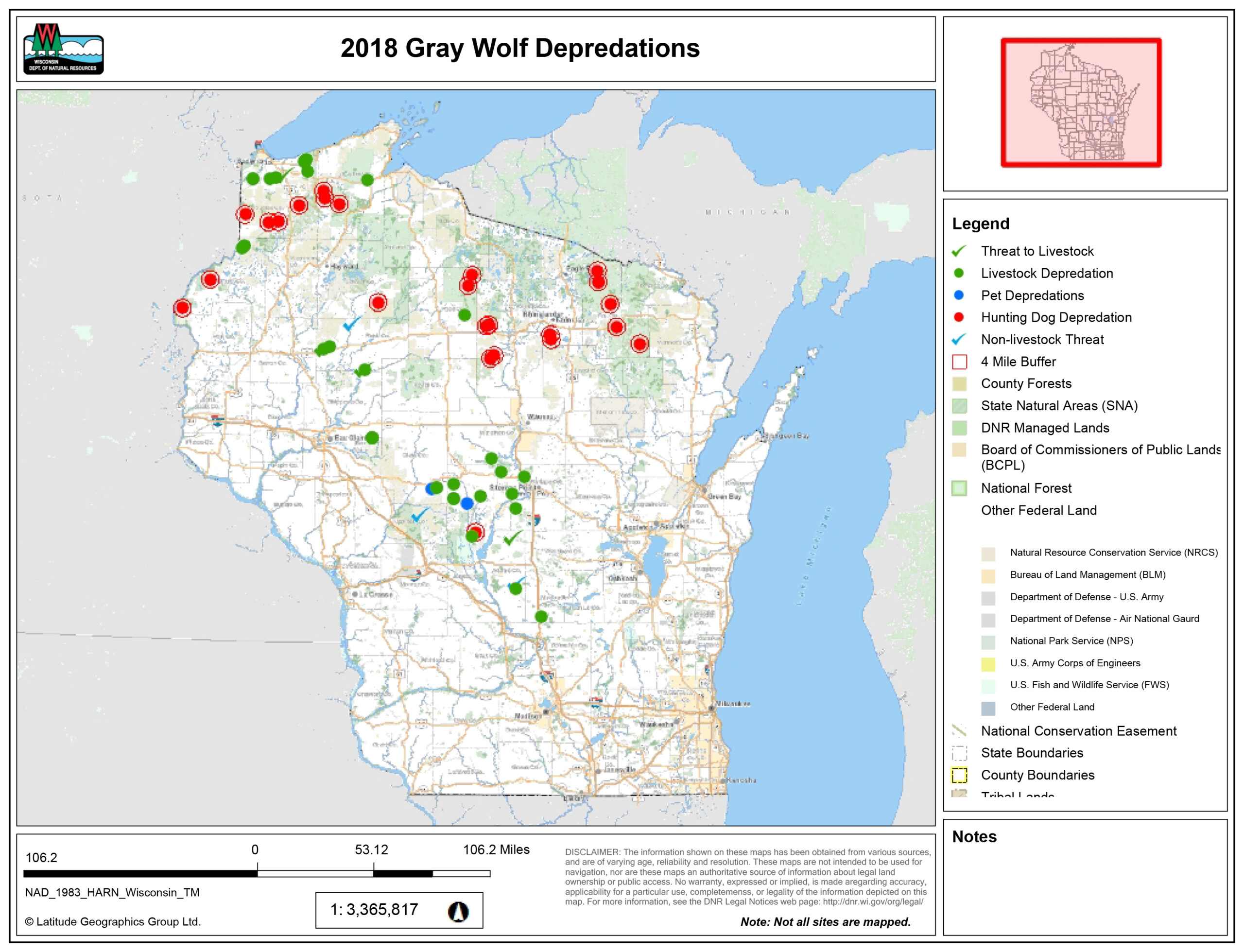 map showing where wolves threatened or attacked livestock, pets and hunting dogs