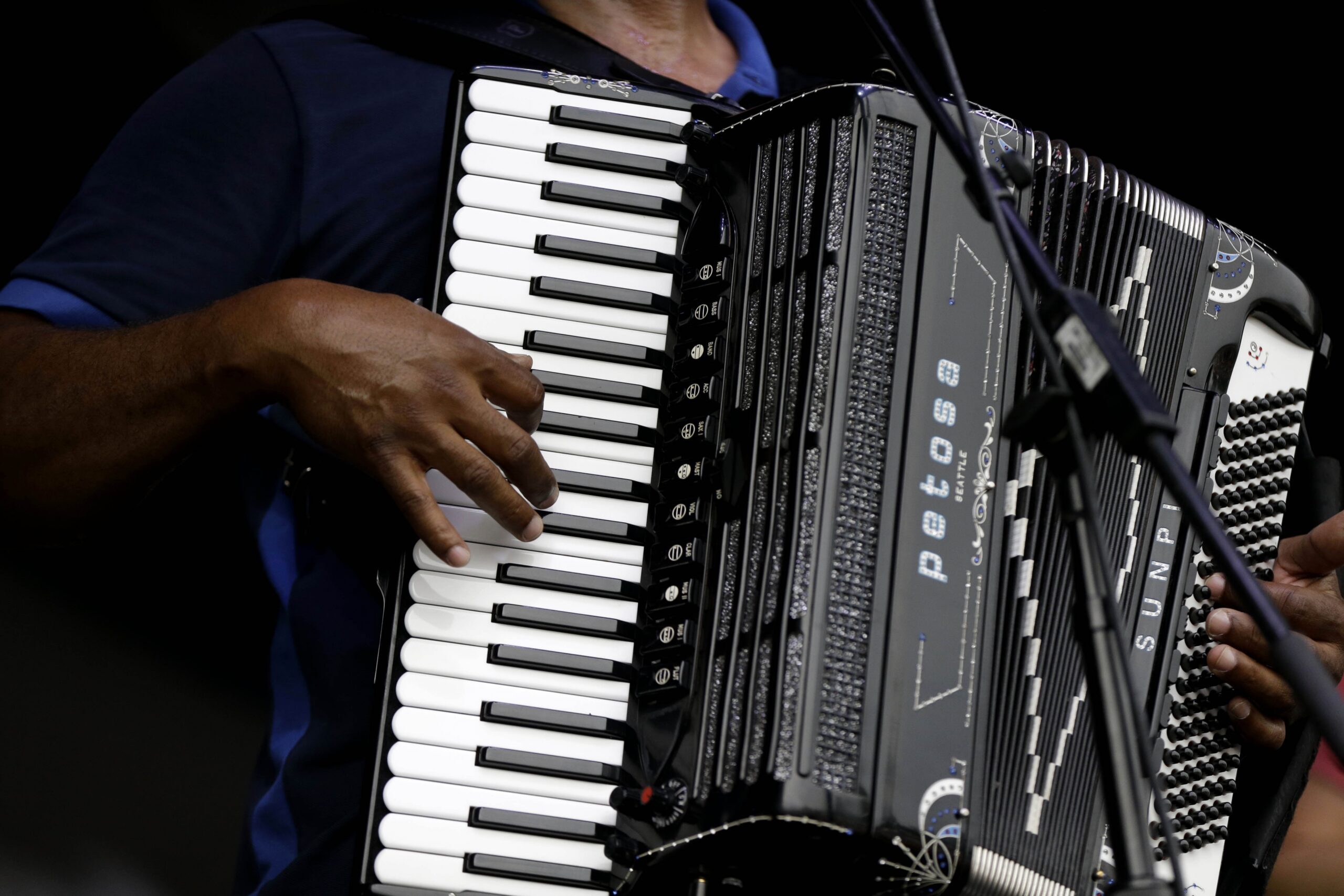 A person plays the accordion on a stage.