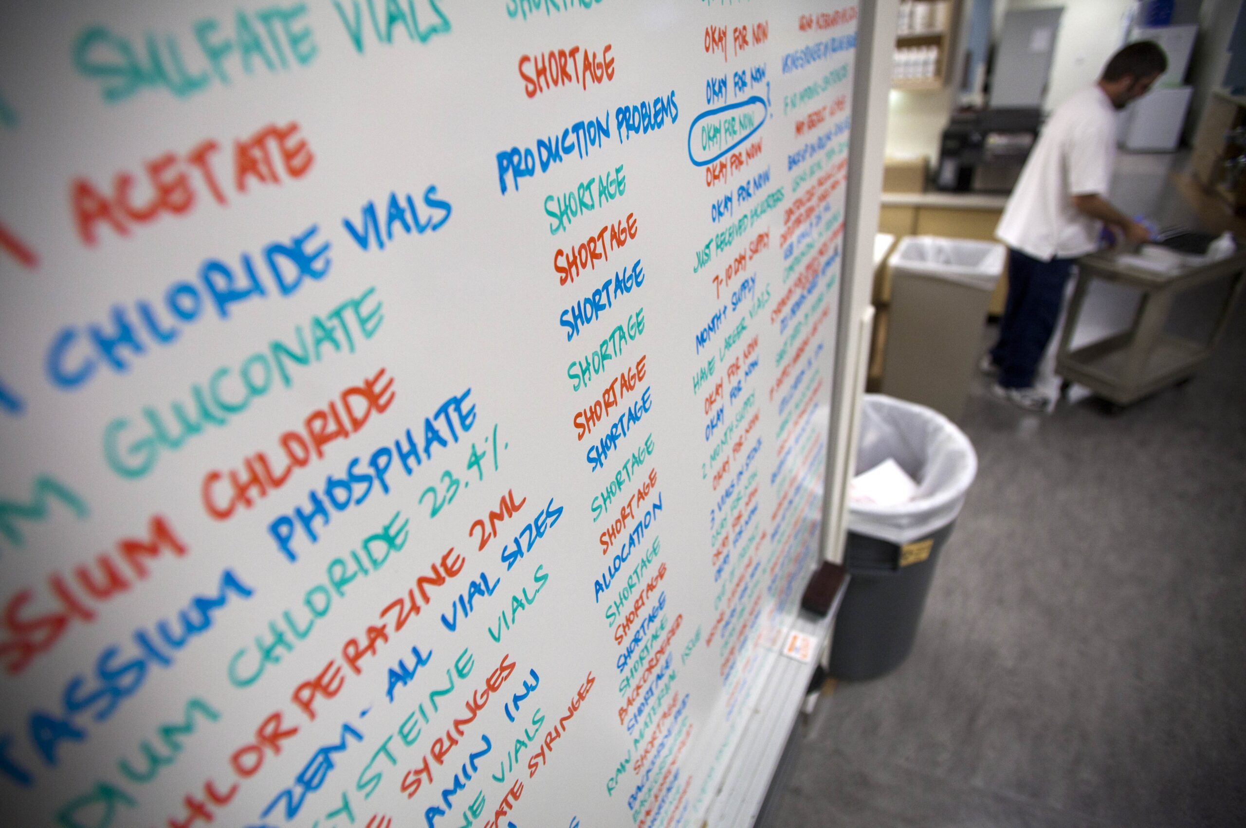 Whiteboard showing drug shortages at hospital