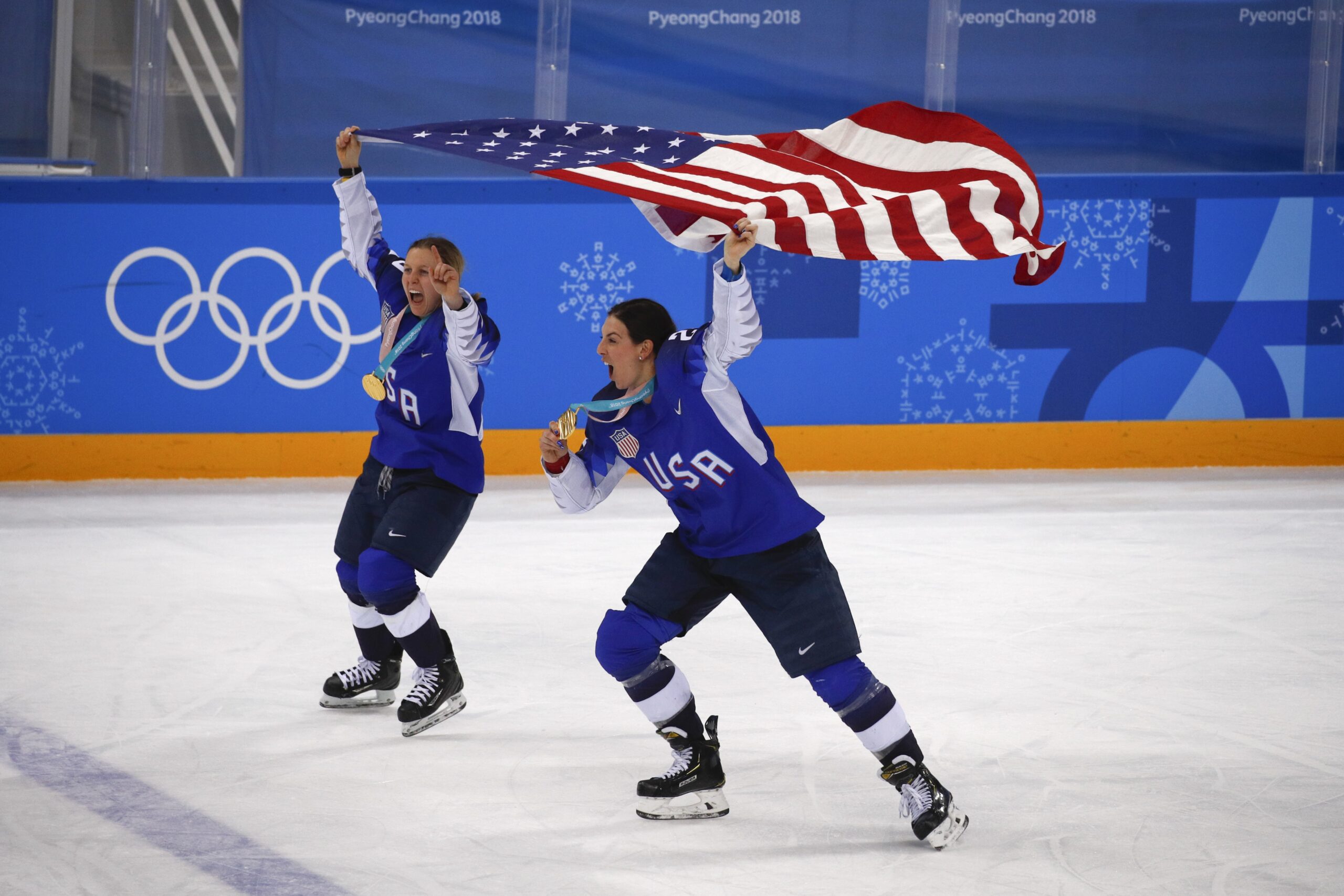 United States' Kendall Coyne and Hilary Knight