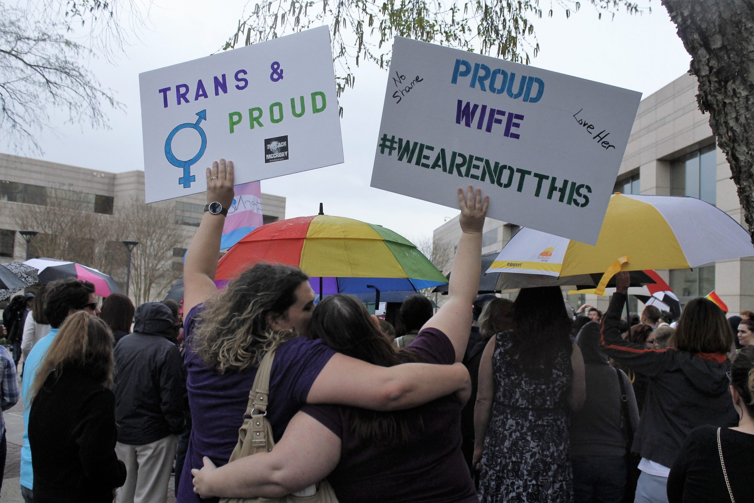 People march in support of transgender rights at a North Carolina rally. 