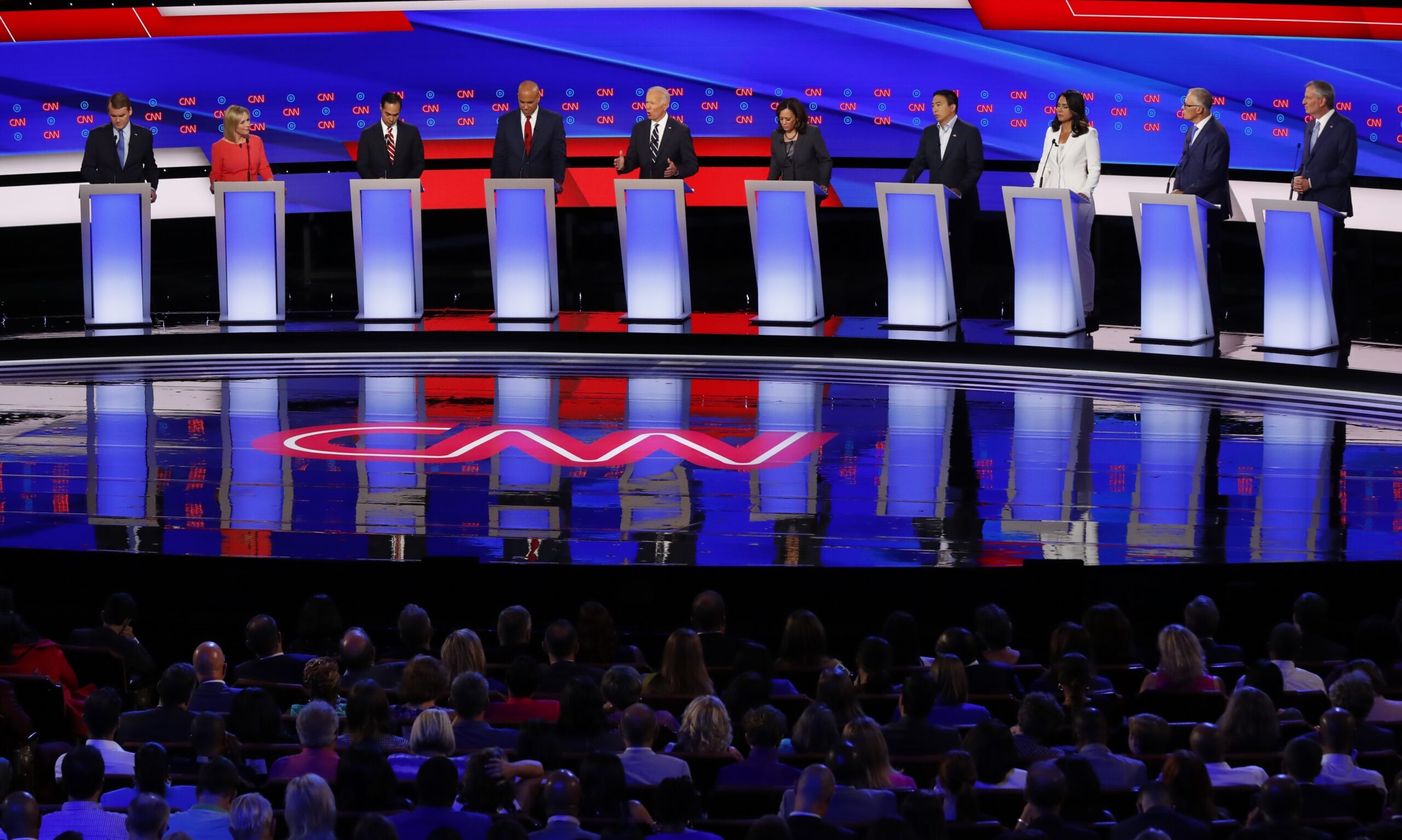 Ten Democratic candidates on stage during debate.